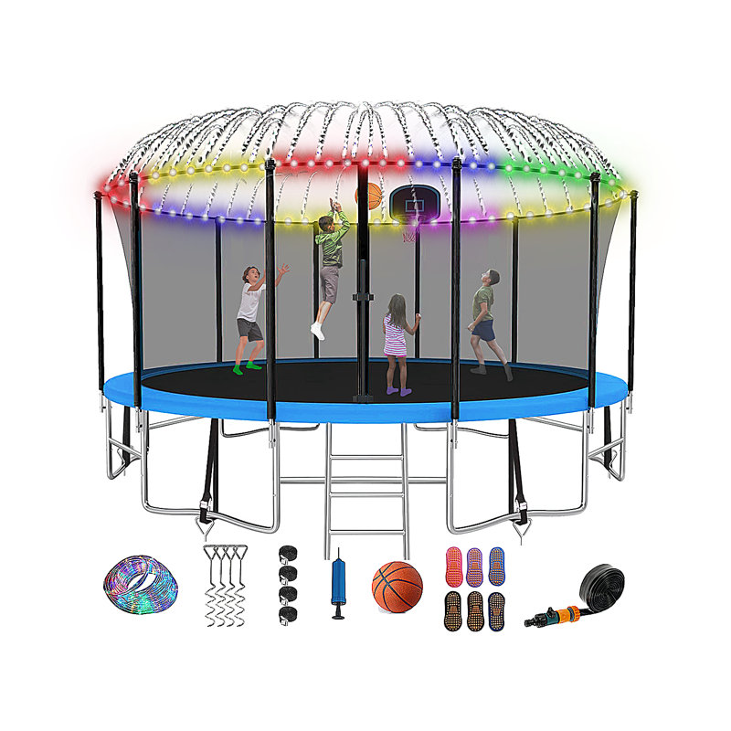Trampoline de cour arrière 16 pi avec enceinte sécuritaire, lumière, gicleur, chaussettes, Bleu