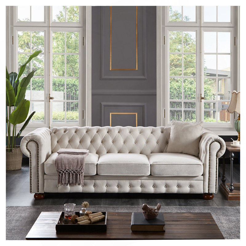 Gurnaik Upholstered 3-Seater Sofa, Beige Linen