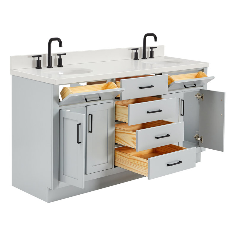 Ensemble de meuble-lavabo double en bois massif 66 po avec plateau en quartz blanc 1,5 po Thornaby, lavabos ovales, Ovale