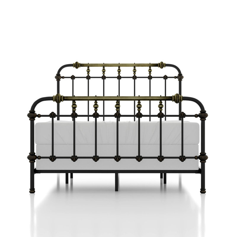 Très grand lit antique noir de style transitionnel, métal avec accents dorés brossés à la main, 7 broches aux extrémités, lit double, H / B et F / B, nécessite une base