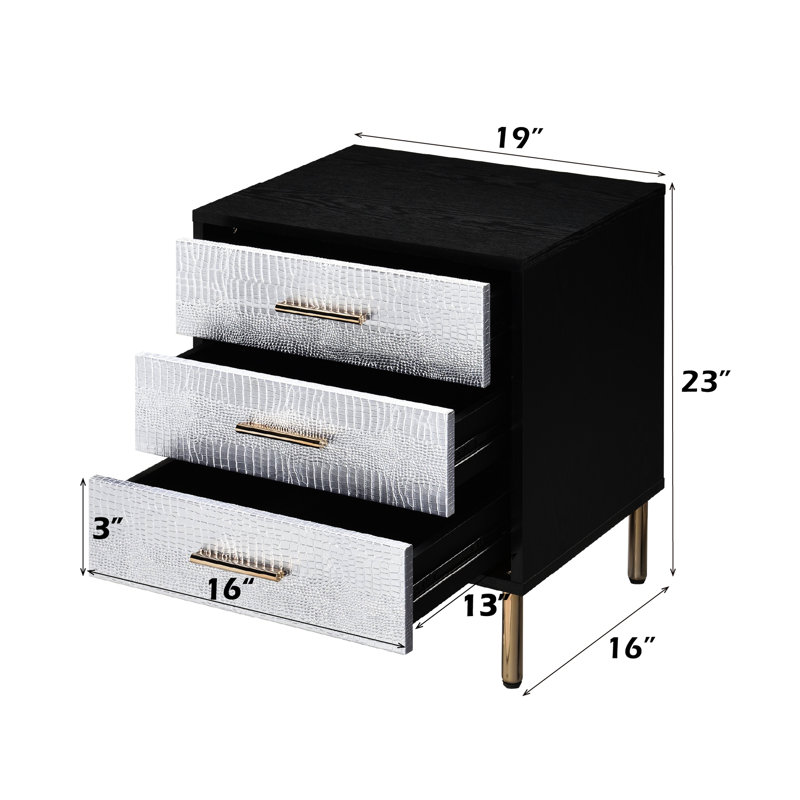3 tables de chevet de rangement spacieuses aux finitions noire, argentée et dorée avec panneau de particules en métal