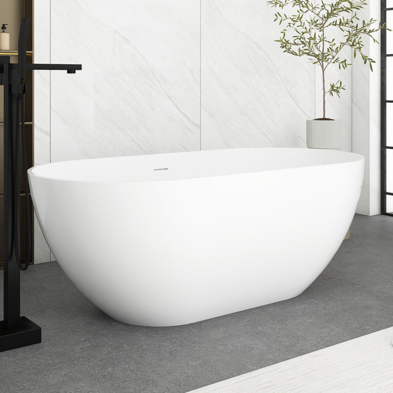 Baignoire autoportante blanche 59 po avec trop-plein et bonde escamotable 59 po pour salle de bain contemporaine