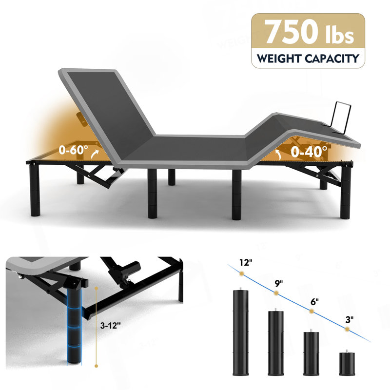 Adjustable Bed Frame With Massage Head & Foot Incline Queen Size Wireless Remote, Two Types Of USB Ports: Type-A And Type-C, LED Night Light, 4 Height-Adjustable Legs Easy Assembly
