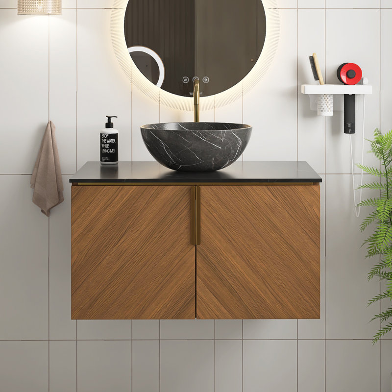Meuble-lavabo mural simple 30 po avec comptoir, Ovale, Noir