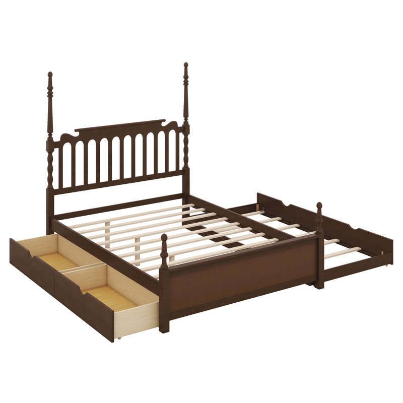 Base de lit plateforme classique en bois avec tête de lit à broche, lit gigogne simple TG et 2 tiroirs de rangement, Noyer