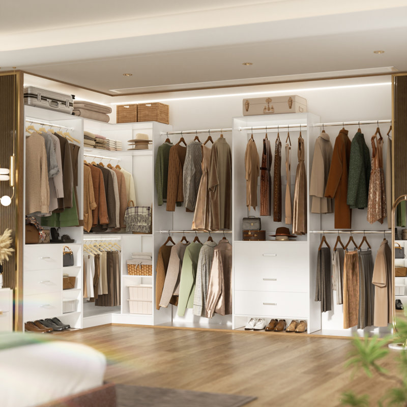 Système de placard de 63,1 po à 108 po de largeur avec tiroirs en bois et tringles de suspension (coupés sur mesure), Blanc