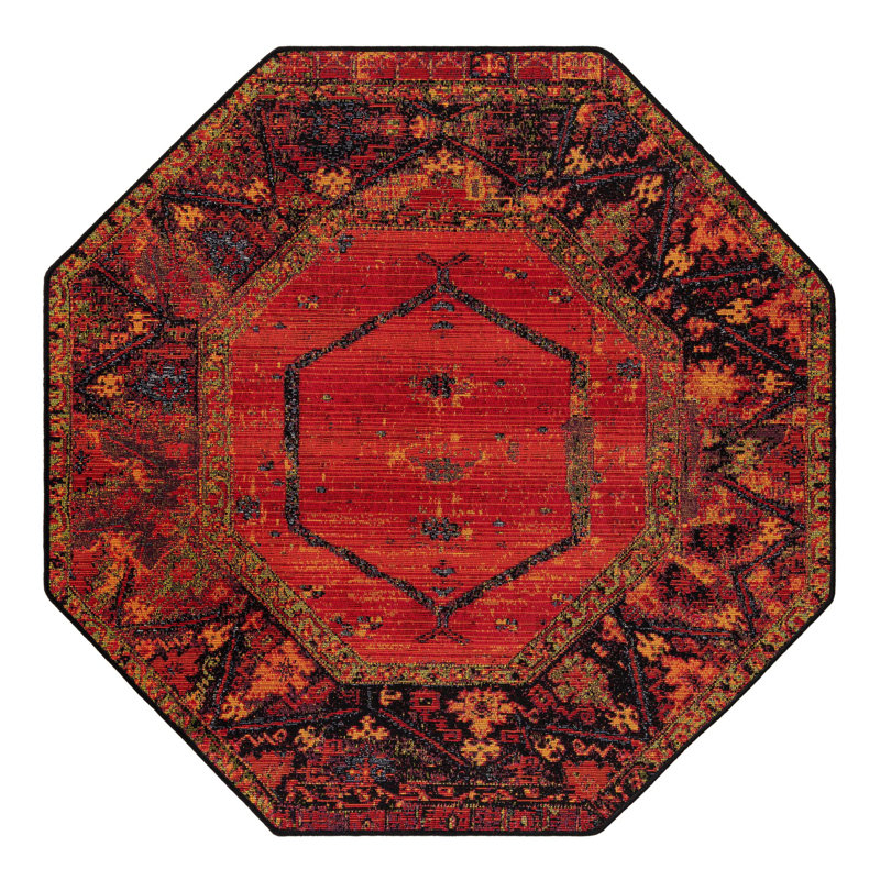 Gurrola Oriental Red/Yellow/Black Indoor/Outdoor Area Rug, Octagon 4'1" x 4'1"