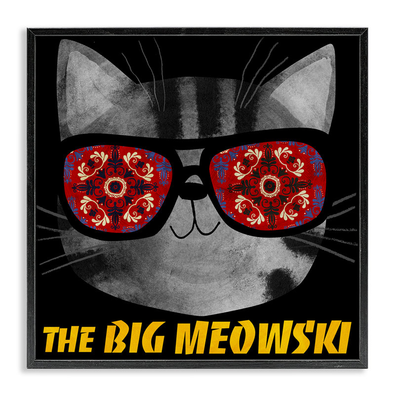 Parodie de film Big Meowski, estampe numérique, design par Angie Rozelaar, H 12 po x l 12 po, Giclée encadrée noir minuit