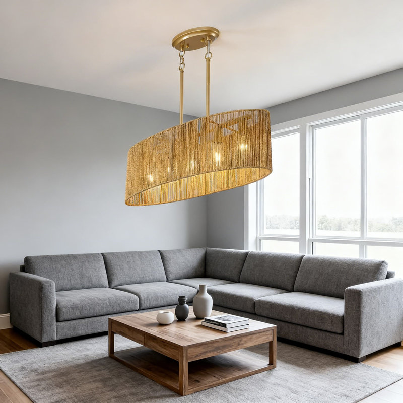 Lustre en rotin 5 lumières avec cadre doré réglable, luminaire suspendu pour îlot de cuisine pour salle à manger, salon, bar et restaurant
