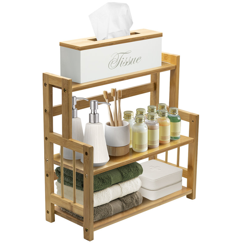 Countertop Organizer Bamboo Wooden Counter Storage Shelf Rack For Spice, Soap, Skin Care, Makeup Display Stand, Bathroom Shelves, Vanity, Office (3-Tier)