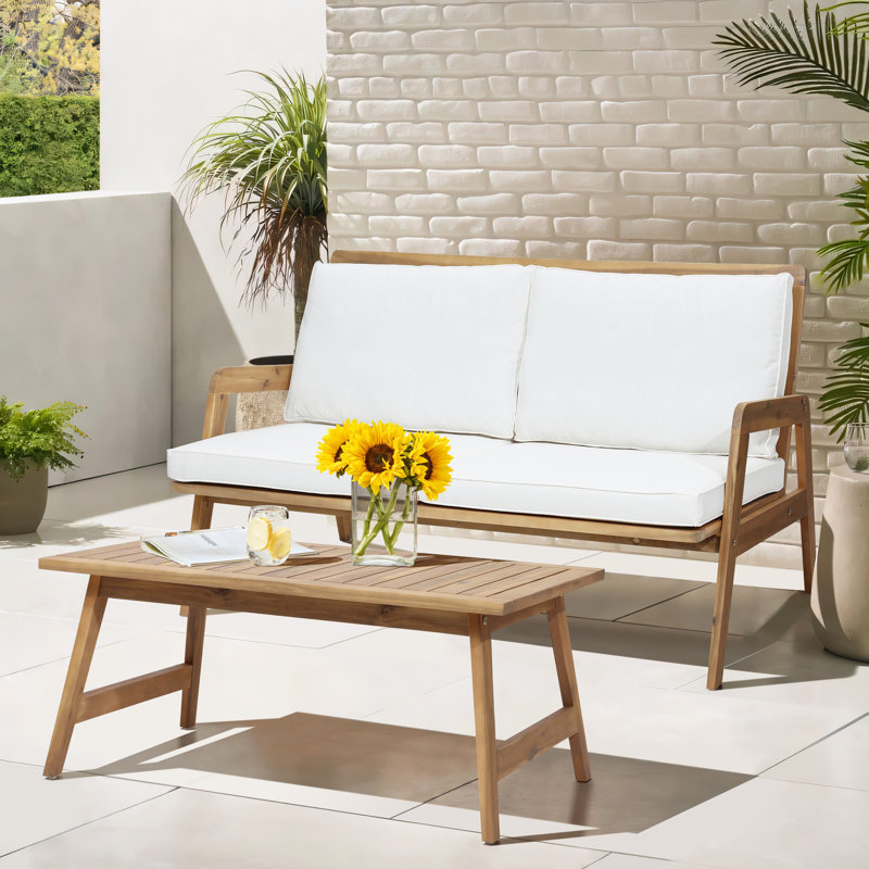 Ensemble de conversation pour patio 2 personnes en bois massif avec coussins Cambria