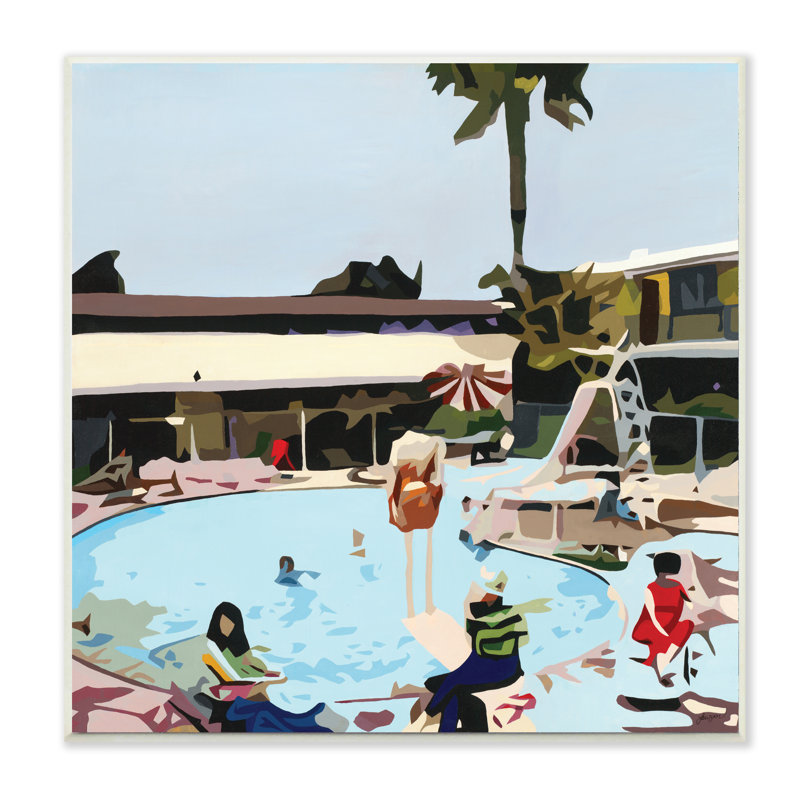 Les gens se prélassent au bord de la piscine, paysage tropical, H 12 po x l 12 po x P 0,5 po, Bois naturel