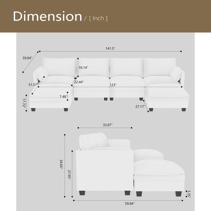 Canapé de 141,5 po à 141 places de grande taille, canapés en U avec repose-pieds mobile, accoudoirs avec poches, canapé en tissu moderne pour le salon