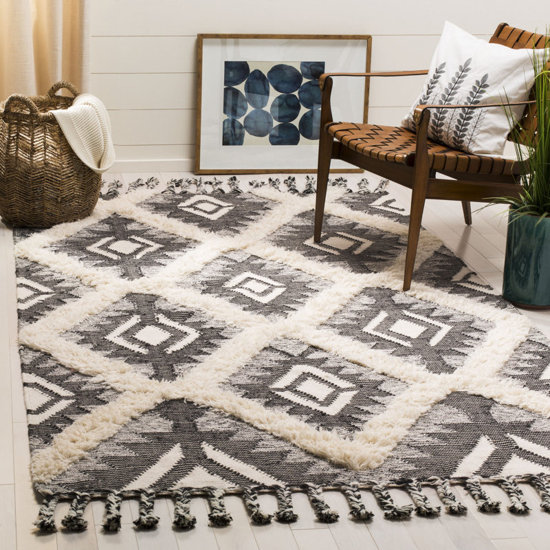 Cedarvale Kenya Hand Knotted Wool/Cotton Southwestern Rug in Ivory/Black, Rectangle 9' x 12'