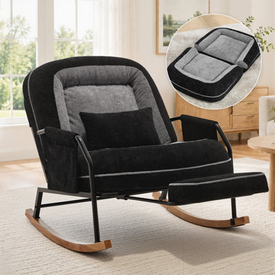 Fauteuil à bascule surdimensionné pour chambre d'enfant avec repose-pieds rétractable, revêtement en fausse fourrure douce, dossier réglable à 4 positions, coussin lombaire et poche latérale