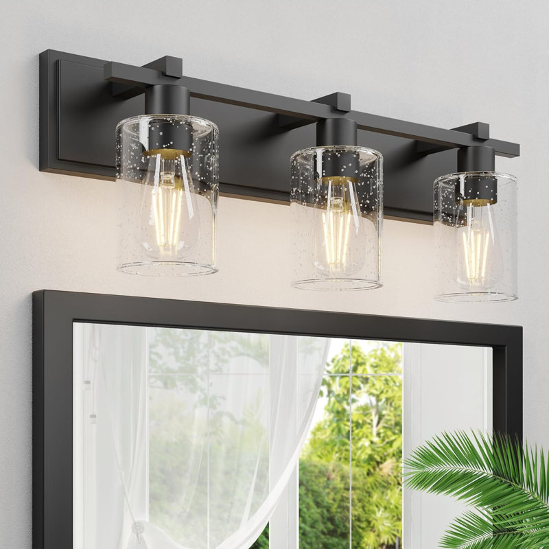 Éclairage pour meuble-lavabo de salle de bain, luminaire noir mat à 3 lumières avec abat-jour en verre bullé épaissi, applique murale moderne de 24 po, miroir de salle de bain pour miroir de salle de bain