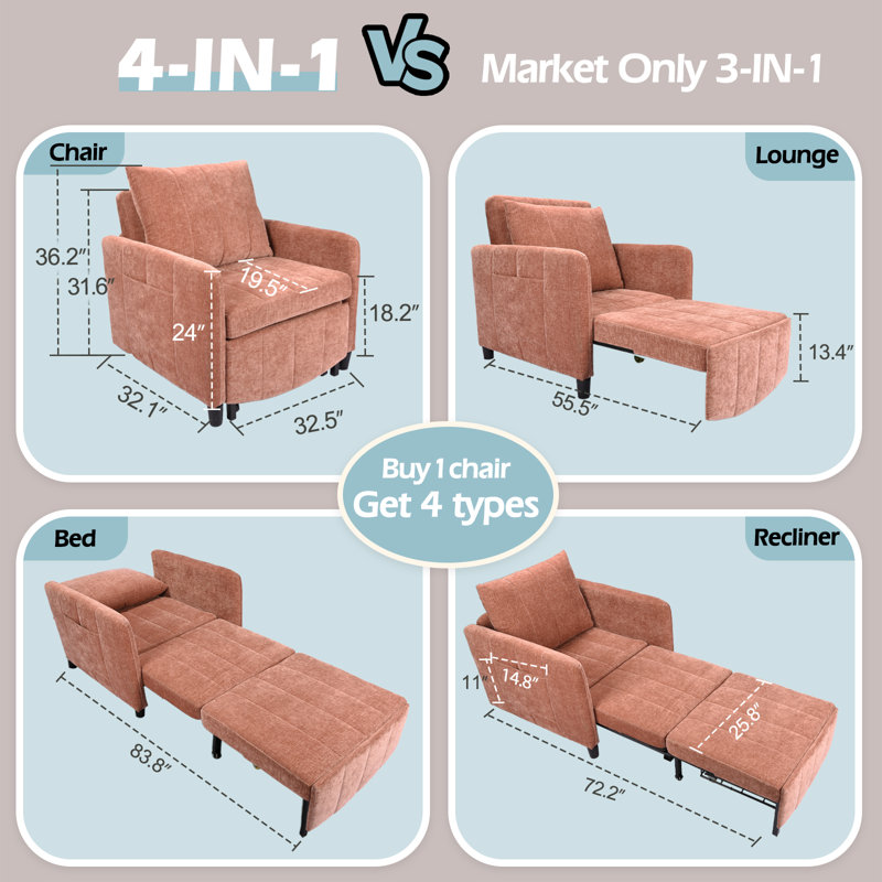 Extra Long Convertible 4 in 1 Sleeper Chair with Pull-Out Mechanism, Warm Brown