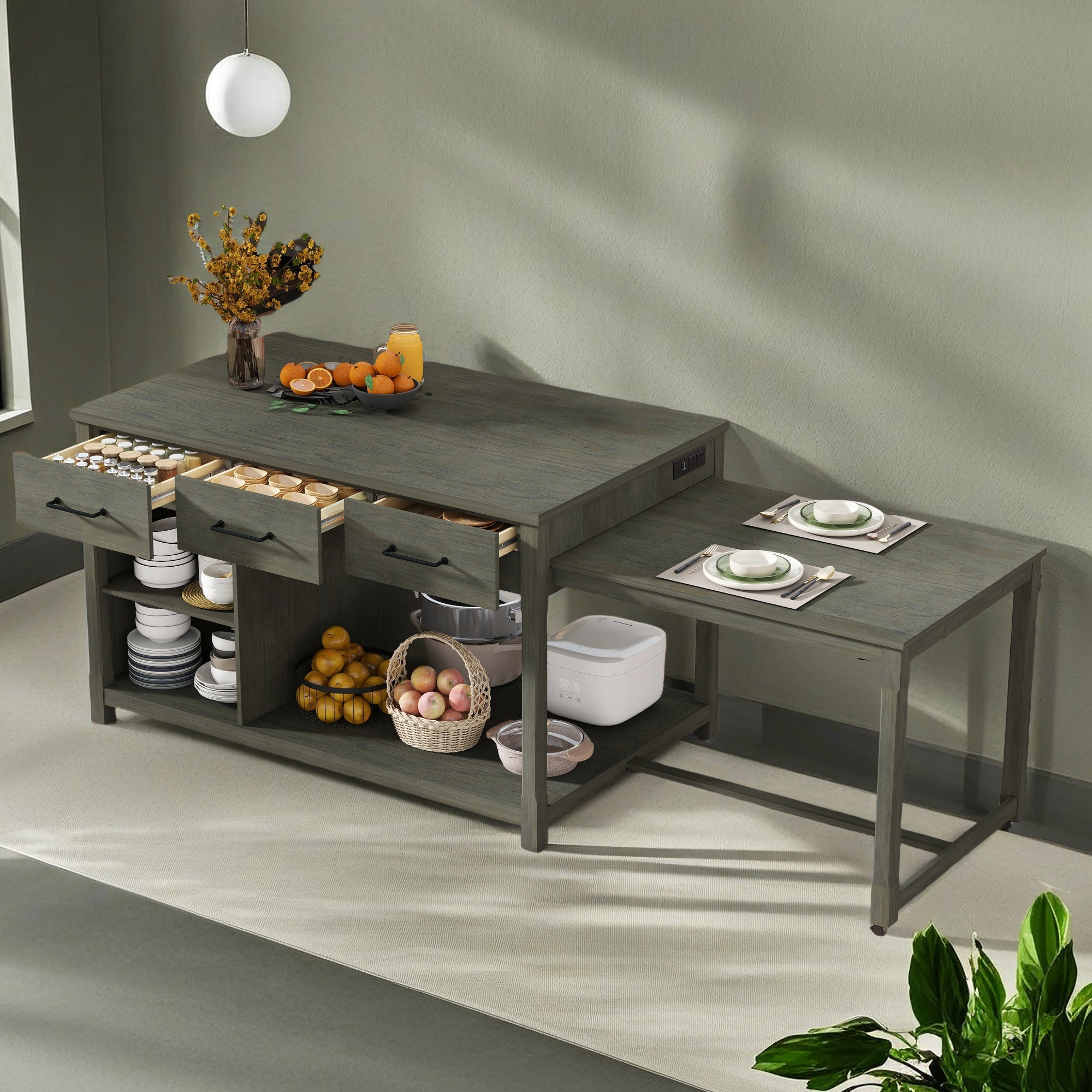 Gracie Oaks Extendable Kitchen Island With Storage, Multi-Functional ...