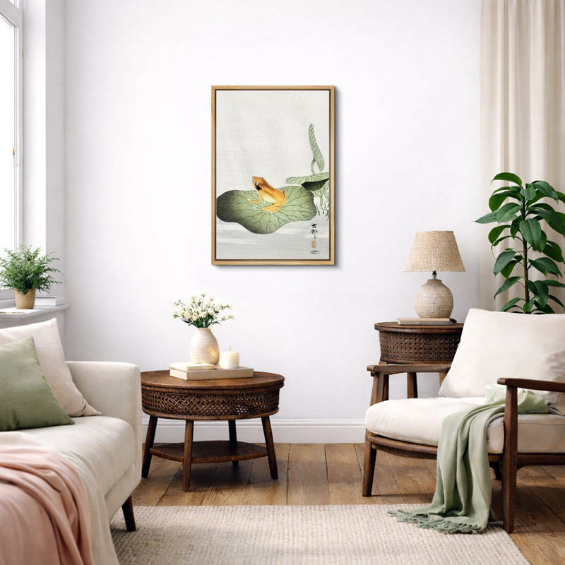 Illustration de grenouille japonaise sur feuille de lotus, images d'animaux minimalistes, impression sur toile encadrée
