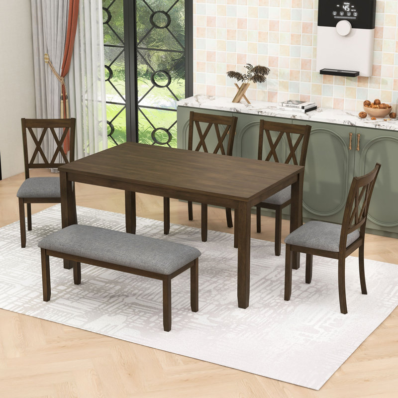Ensemble de table de salle à manger 6 pièces en bois rustique avec chaises rembourrées et banc pour petite place