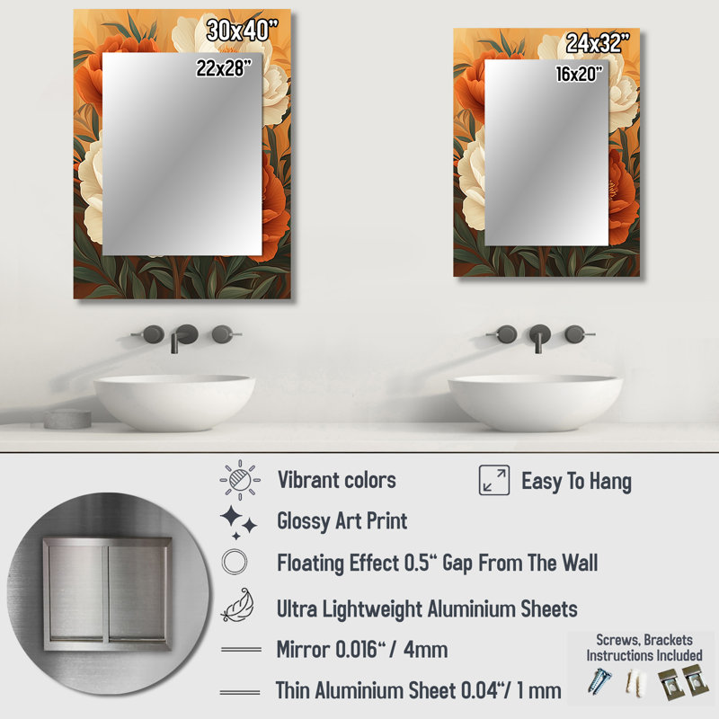 Pivoine brune, motif de pivoines, miroir mural décoratif traditionnel, impression d'art en métal, 40 po x 30 po