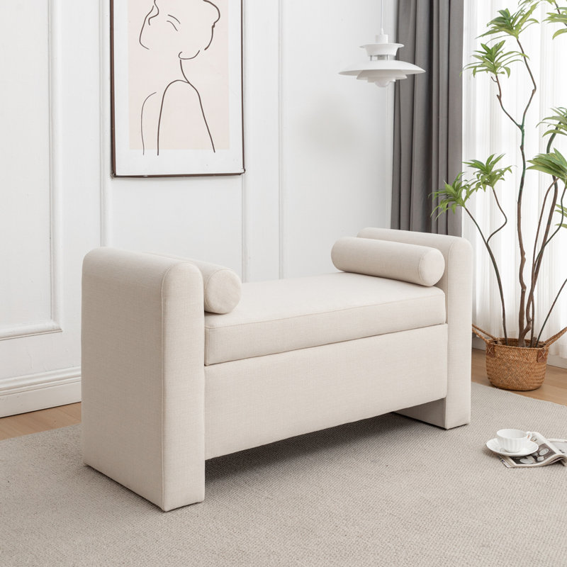 Banc de rangement rembourré en polyester Lataja, Crème, H 24 po x l 46 po x P 19,7 po