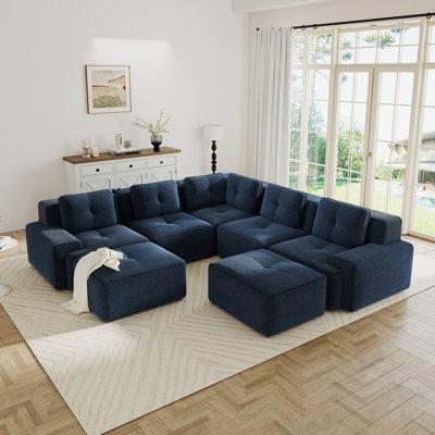 Canapé modulaire modulaire à 5 places, canapé d'angle en forme de V, tissu en velours côtelé, 2 repose-pieds mobiles, siège profond pour le salon, passepoil perlé, conception capitonnée, sans assemblage, conception antidérapante, bleu