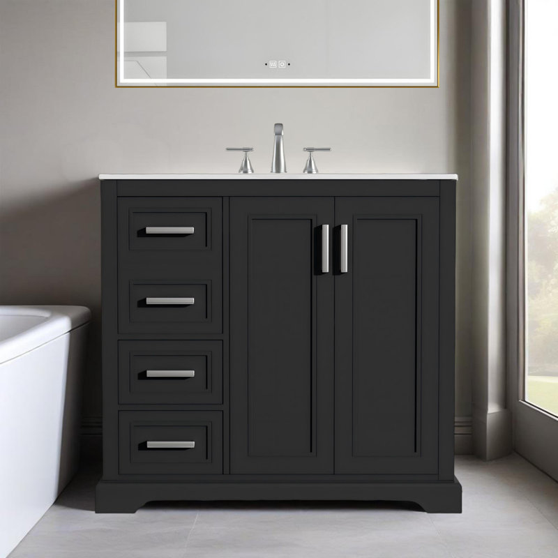 Meuble-lavabo moderne 36 po avec lavabo en céramique, porte à fermeture douce, tablette réglable et 3 tiroirs, Noir