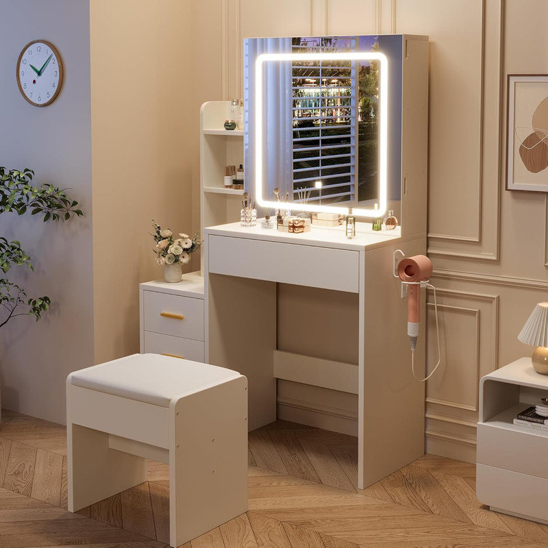 Vanity Desk with Sliding LED Mirror & Stool, Makeup Table with 4 Drawers & Open Shelves, Charging Station for Bedroom, Bathroom
