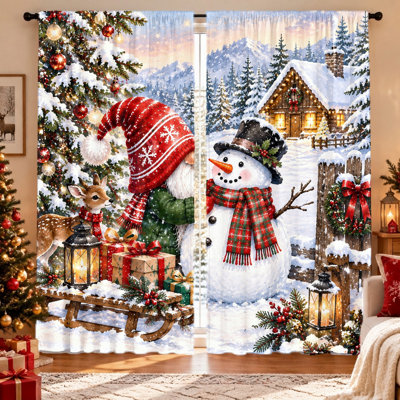Ensemble de 2 rideaux de Noël festifs avec gnomes et bonhommes de neige, illustration colorée, tissu filtrant la lumière, protection de l'intimité, œillets pour tringle, lavables à la machine, parfaits pour le salon, la chambre, la cuisine et la décoration intérieure.