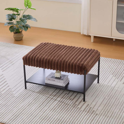 30.7" Faux Fur Upholstered Bench with Wooden Open Storage Shelf,
