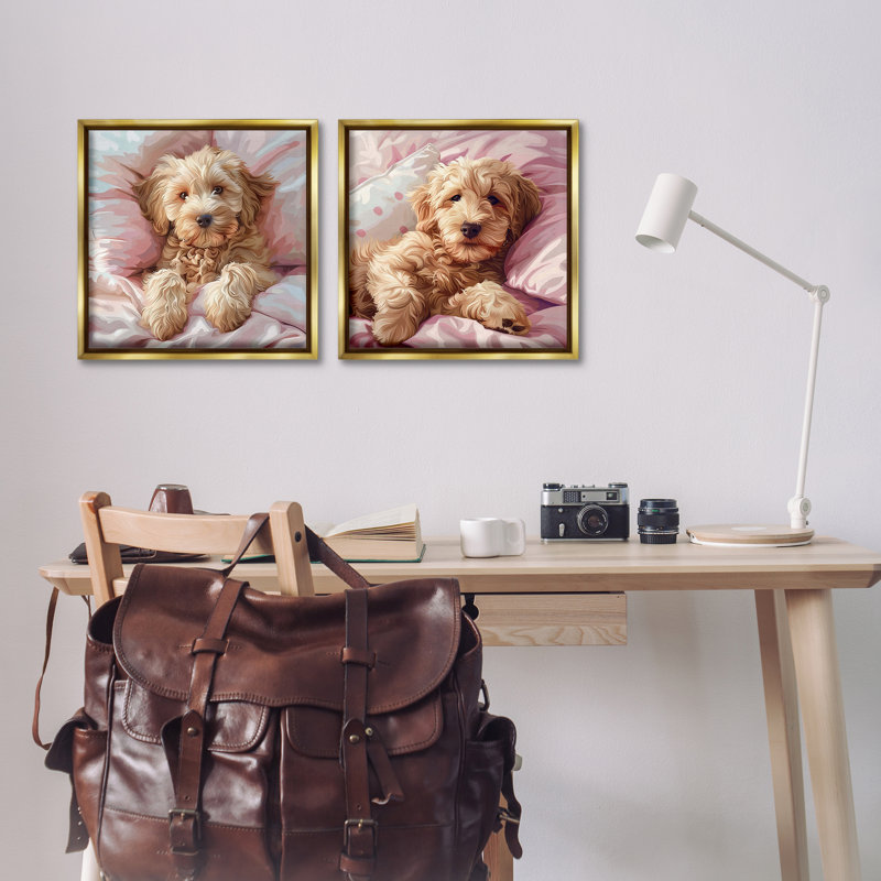  «Cuddling Labradoodle in Bed», ensemble de 2 toiles flottantes encadrées par Jim Baldwin, H 18 po x l 18 po, Or