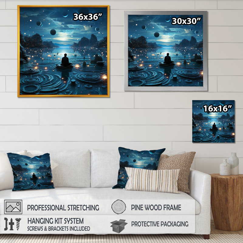 Bleu intérieur méditation, Cadre simple noir, H 36 po x l 36 po x P 1,5 po