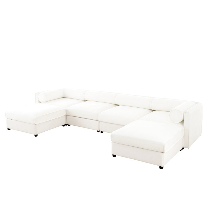Canapé modulaire de luxe avec rangement en chenille - blanc, très grand en forme de U, cylindrique pour l'élégance et le confort chenille blanche, modulaire, assise profonde
