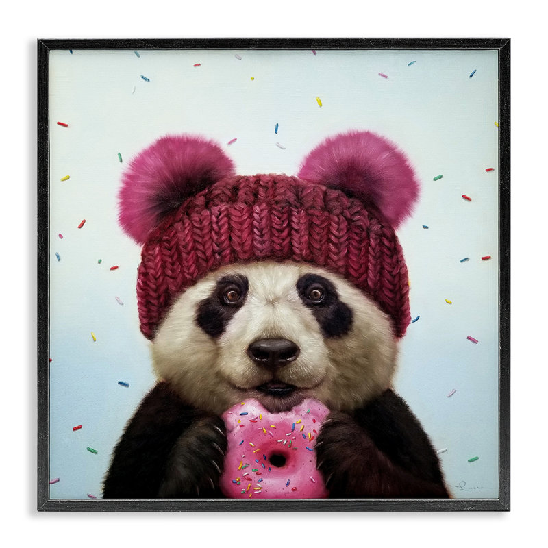 «Happy Panda Bear» par Lucia Heffernan - impression, H 12 po x l 12 po, Giclée encadrée noir minuit