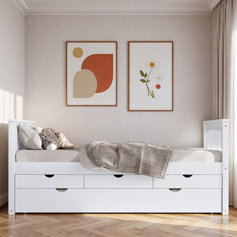 Platform Bed With 3 Drawers And Trundle, White
