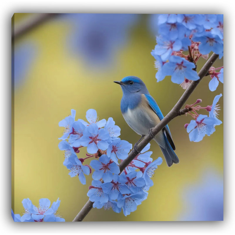 «Spring's Whisper: Délicat oiseau bleu en toile tendue», H 20 po x l 20 po