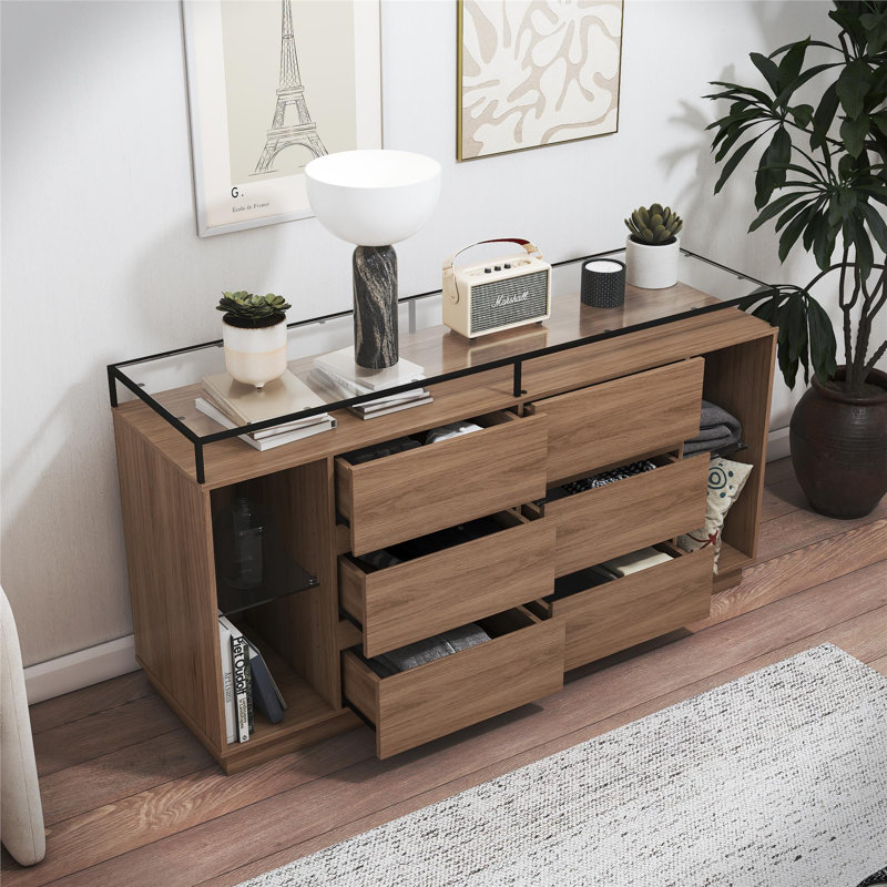 Devon 6-Drawer Dresser with LED Lights and Glass Top, Danish Walnut