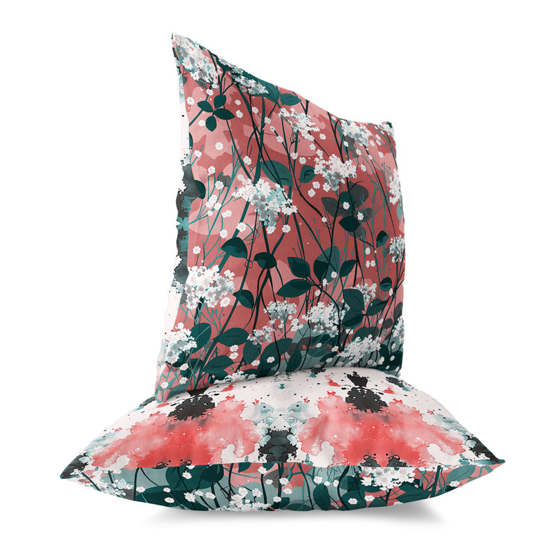 Coussin décoratif encre / feuille d'intérieur / extérieur Ink and Leaf, H 16 po x l 16 po, Vert/rose