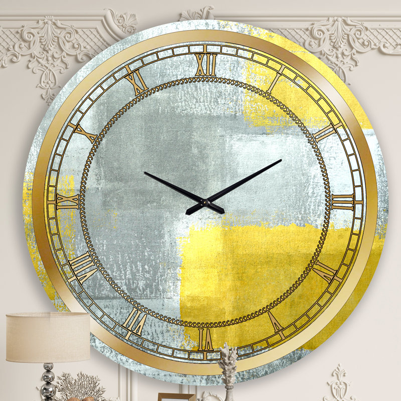 Gris et jaune bleu abstrait X - horloge murale moderne, Grand