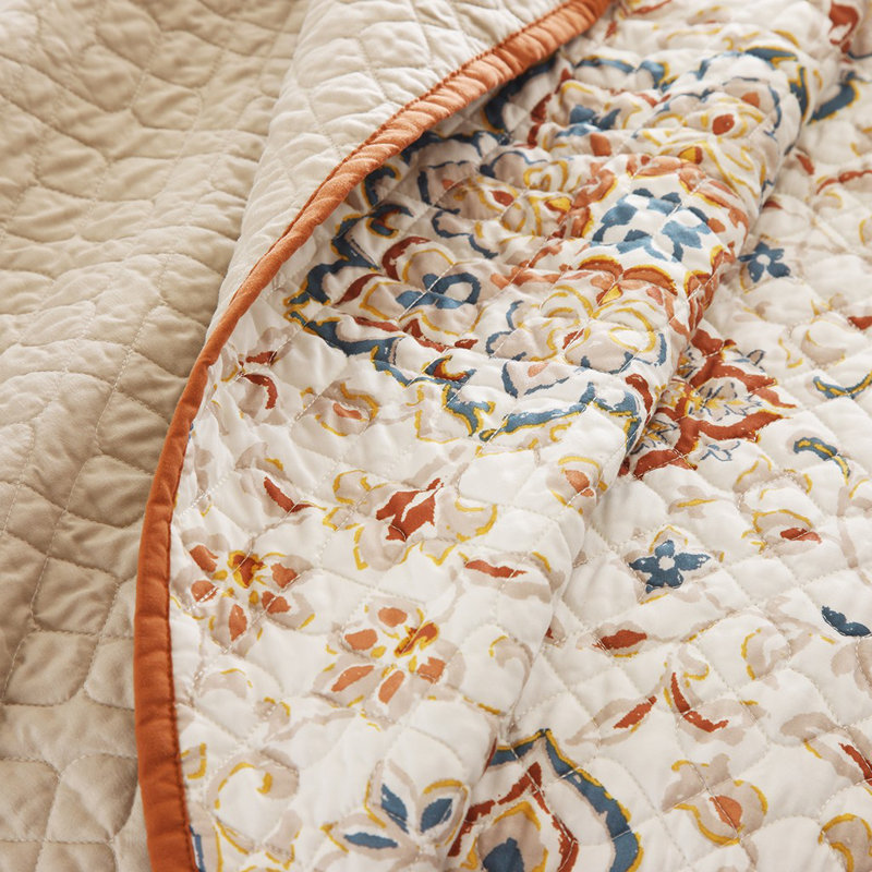 Ivory and Orange Reversible Microfiber Full Quilt Set
