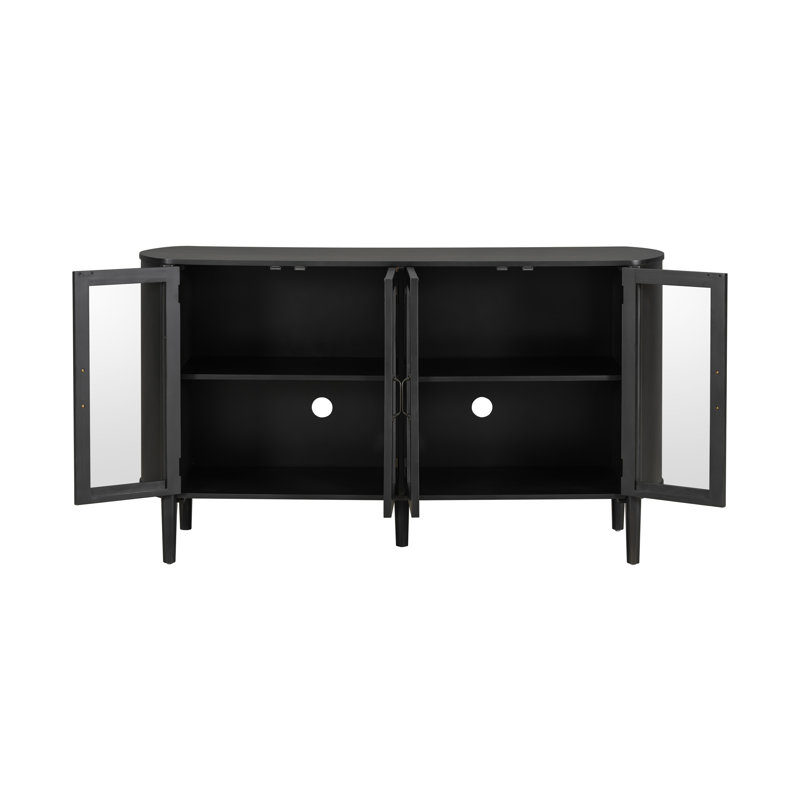 Calvera Modern Farmhouse Wood & Glass 4-Door Storage Cabinet With Adjustable Shelves, Black