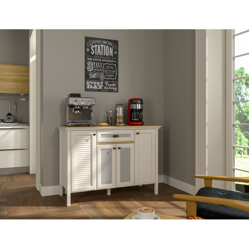 Stylish Coffee Bar Cabinet in Cream & Oak, 49.4 x 35.4 x 20.5 inches | 100% Melamine Coated Particle Board & MDF Doors | Durable Metal Handles, Numerous Shelves, Wall-Mountable, Traditional Design for Home Entertaining