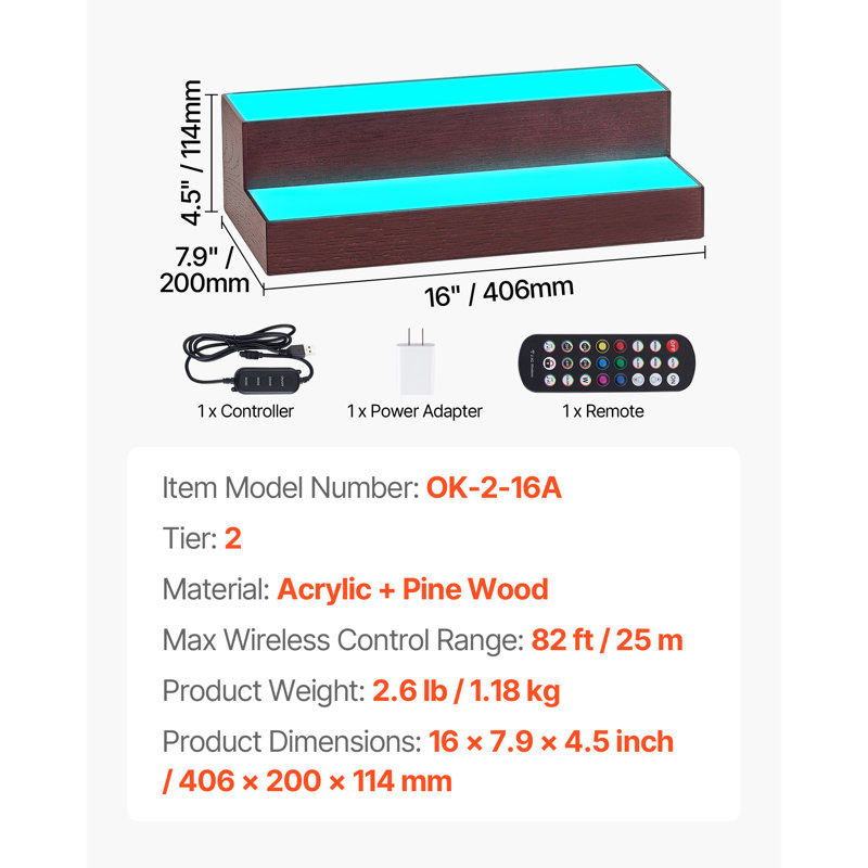 Présentoir à DEL pour bouteilles de spiritueux, support à whisky à 2 niveaux de 16 pouces, support pour USB, tablette de bar pour la maison illuminée avec télécommande HF et contrôle des applications, 7 couleurs statiques, tablette en acrylique + bois pour 8 bouteilles