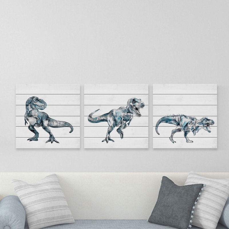 Ensemble de 3 pièces Bite and Fight T-Rex sur bois blanc, H 24 po x l 24 po x P 1,5 po