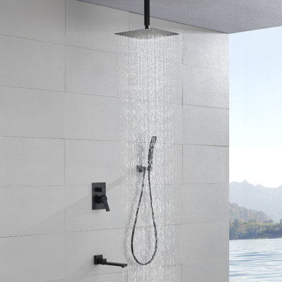 Le système de douche de pluie de plafond avec bec de baignoire 3 fonctions de robinet de douche contient une pomme de douche de 10 pouces et un ensemble de garniture de douche à main, cartouche de valve incluse