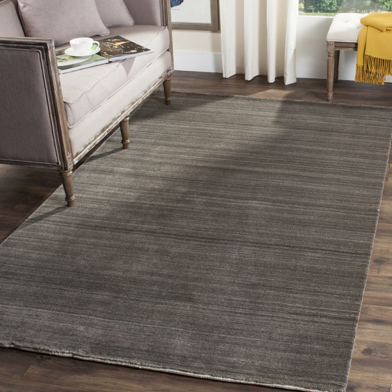Tapis gris anthracite en laine et en coton tissé à la main Thendara, Rectangle 9 pi x 12 pi