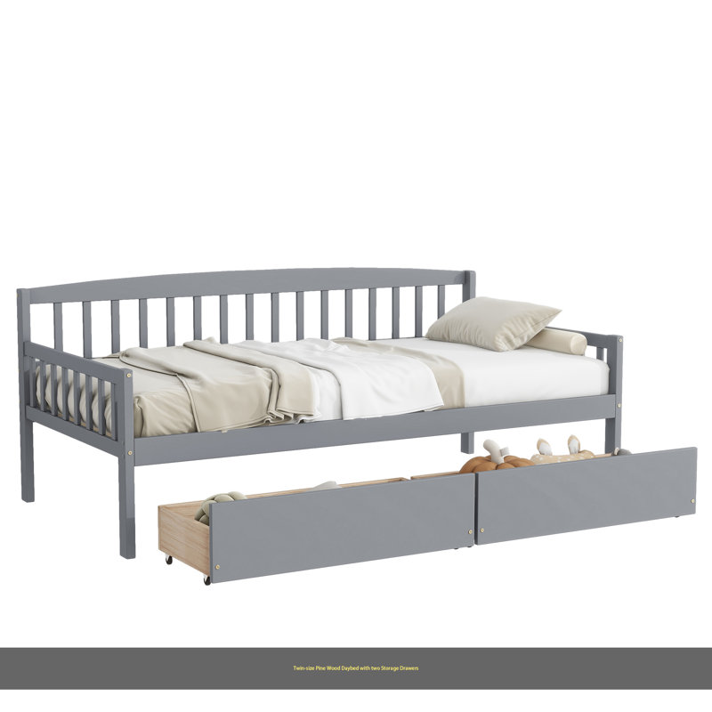 Twin-Size Pine Wood Daybed With Two Storage Drawers, Sofa Bed With Bed Platform Of 10 Support Slats,, Gray