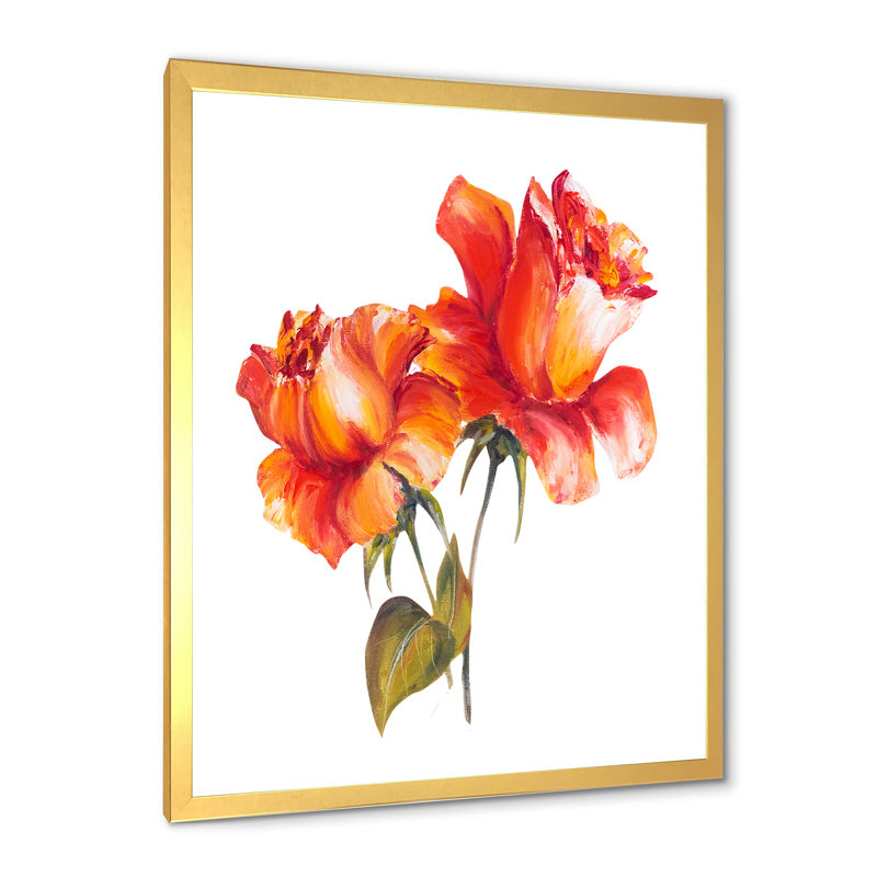 Deux fleurs rouges - Peinture sur toile, H 32 po x l 16 po x P 1 po, Cadre doré