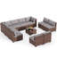 Ensemble de canapé d'angle extérieur 11 pièces en rotin en PE avec table basse en verre trempé, mobilier de conversation en osier pour patio avec coussins pour jardin et pelouse
